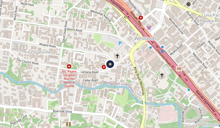 OpenStreetMap showing New Rehema House on Rhapta Road in Westlands